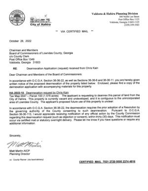 [Notice from Hahira to Lowndes County of the proposed deannexation]