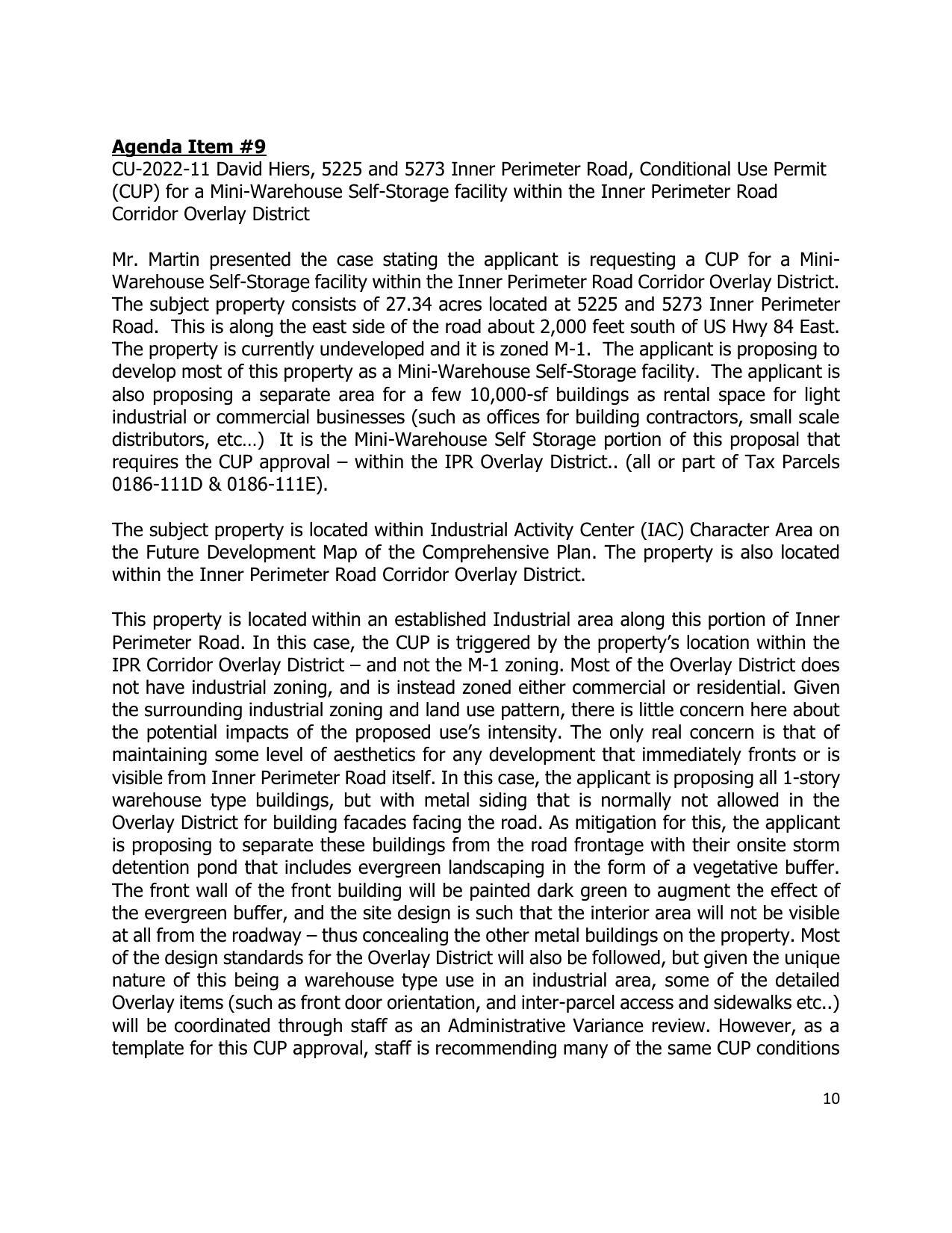 9. CU-2022-11 David Hiers, 5225 and 5273 Inner Perimeter Road, Conditional Use Permit (CUP) for a Mini-Warehouse Self-Storage facility within the Inner Perimeter Road Corridor Overlay District