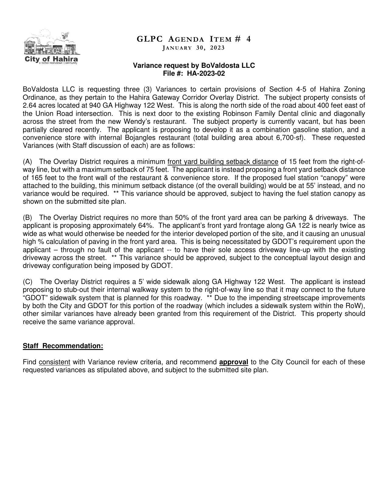 3 Variances Hahira Zoning Ordinance about Hahira Gateway Corridor Overlay District; staff recommends approval.