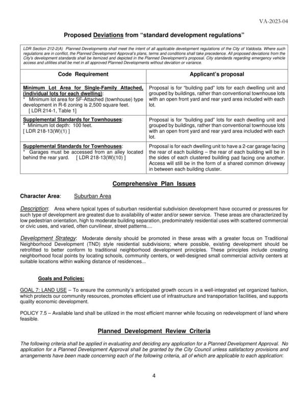 Proposed Deviations from “standard development regulations”