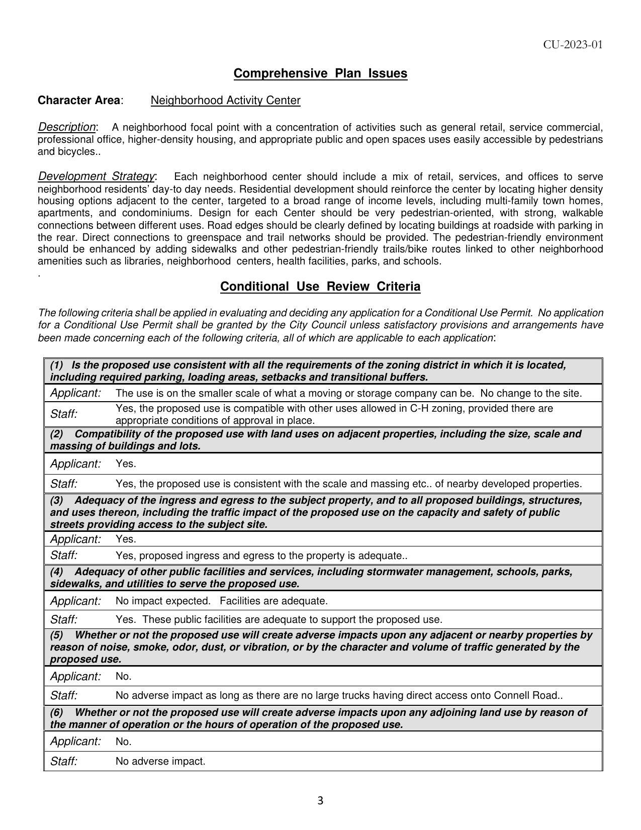 Comprehensive Plan Issues & Conditional Use Review Criteria