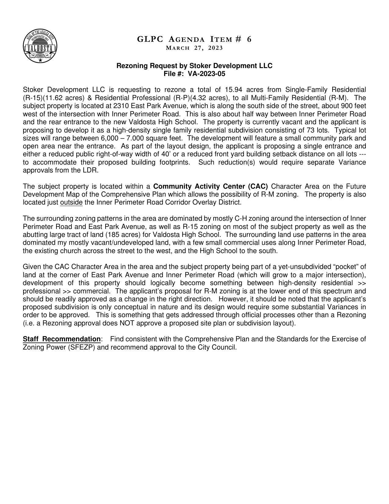 to rezone a total of 15.94 acres from Single-Family Residential (R-15)(11.62 acres) & Residential Professional (R-P)(4.32 acres), to all Multi-Family Residential (R-M).