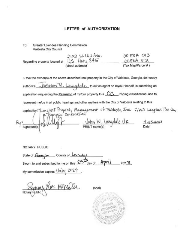 LETTER of AUTHORIZATION by Longleaf Property Management of Valdosta, Inc., aka Langdale Tire Co.