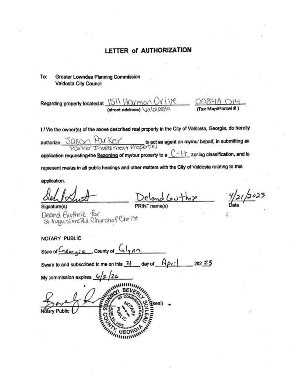 LETTER of AUTHORIZATION of Jason Parker of Parker Investment Properties by Deland Guthrie for St. Augustine Rd. Church of Christ