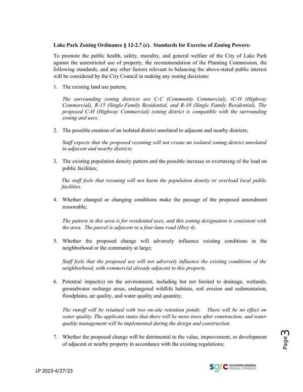Lake Park Zoning Ordinance § 12-2.7 (c). Standards for Exercise of Zoning Powers: