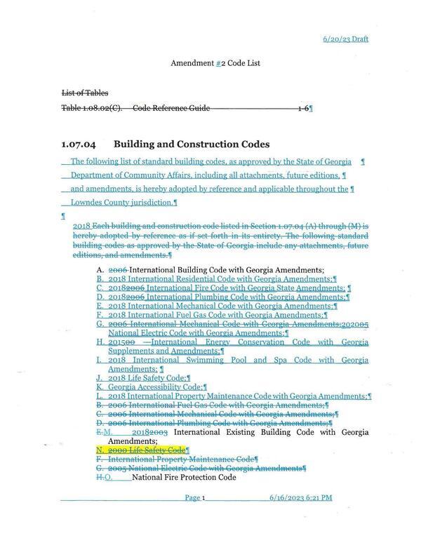 Amendment #2 Code List (changes)