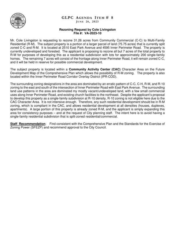 [developing this as a residential subdivision with lots for approximately 200 single-family homes. The remaining 7 acres will consist of the frontage along Inner Perimeter Road, it will remain zoned C-C, and it will be held in reserve for possible commercial development.]