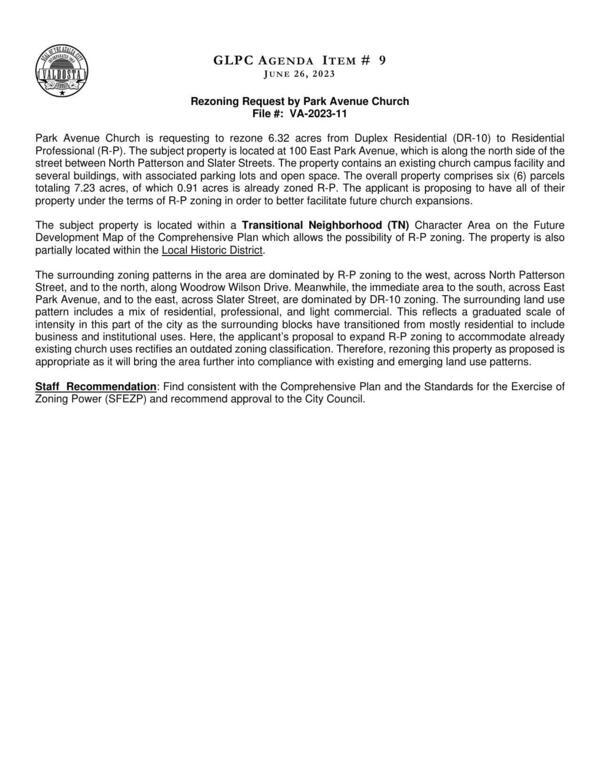 [Rezoning Request by Park Avenue Church to have all of their property under the terms of R-P zoning in order to better facilitate future church expansions.]