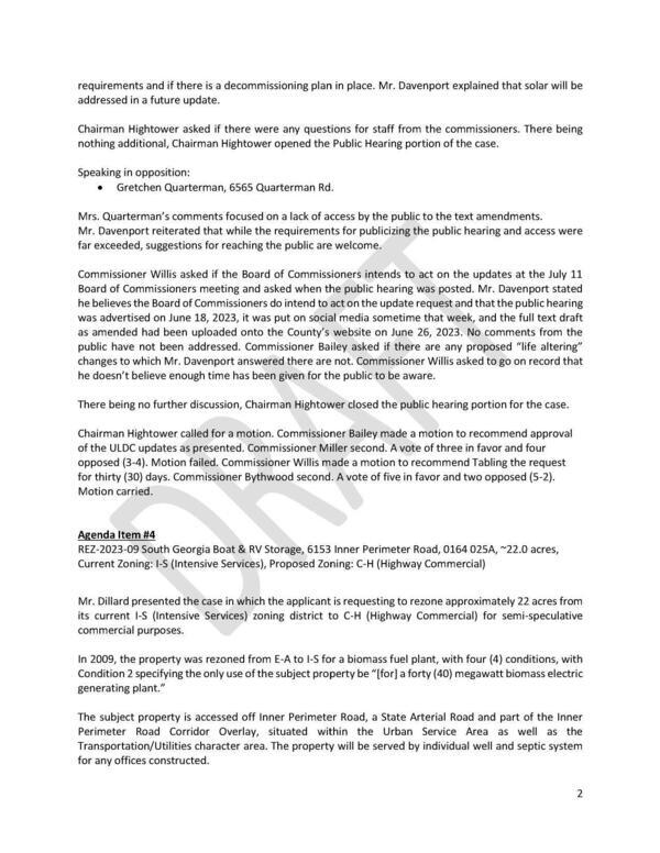Speaking in opposition: • Gretchen Quarterman, 6565 Quarterman Rd.; Vote 5-2 to recommend tabling.; 4. REZ-2023-09 South Georgia Boat & RV Storage