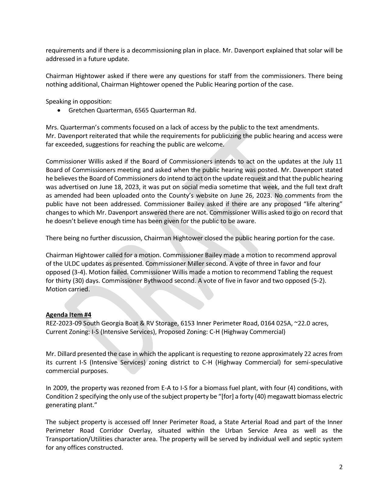 Speaking in opposition: • Gretchen Quarterman, 6565 Quarterman Rd.; Vote 5-2 to recommend tabling.; 4. REZ-2023-09 South Georgia Boat & RV Storage
