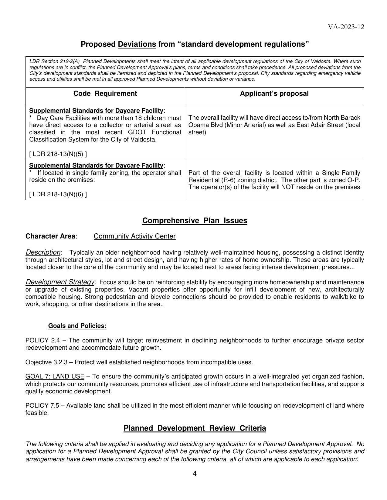 Proposed Deviations from “standard development regulations”