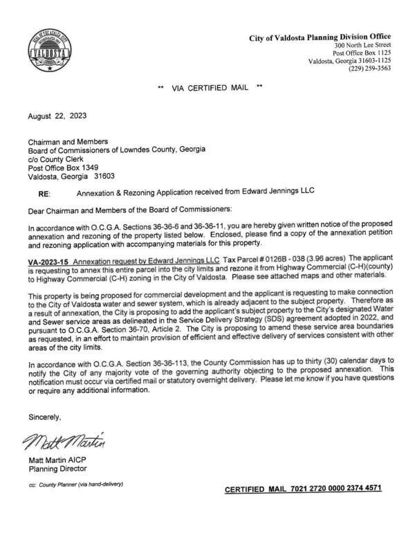 Written notice from City of Valdosta to Lowndes County