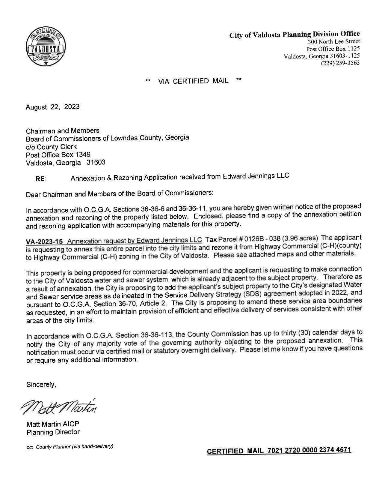 Written notice from City of Valdosta to Lowndes County