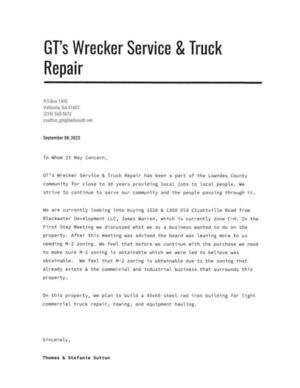 [Letter from GT's Wrecker Service & Truck Repair]