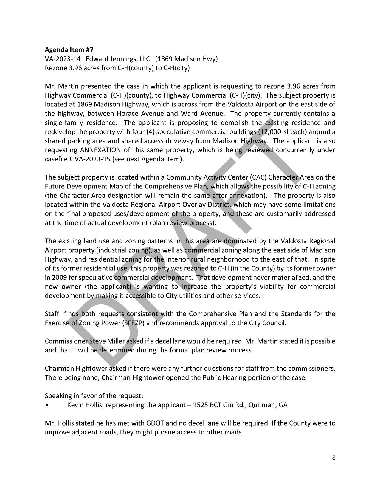 7. VA-2023-14 Edward Jennings, LLC (1869 Madison Hwy), Rezone 3.96 acres from C-H(county) to C-H(city)