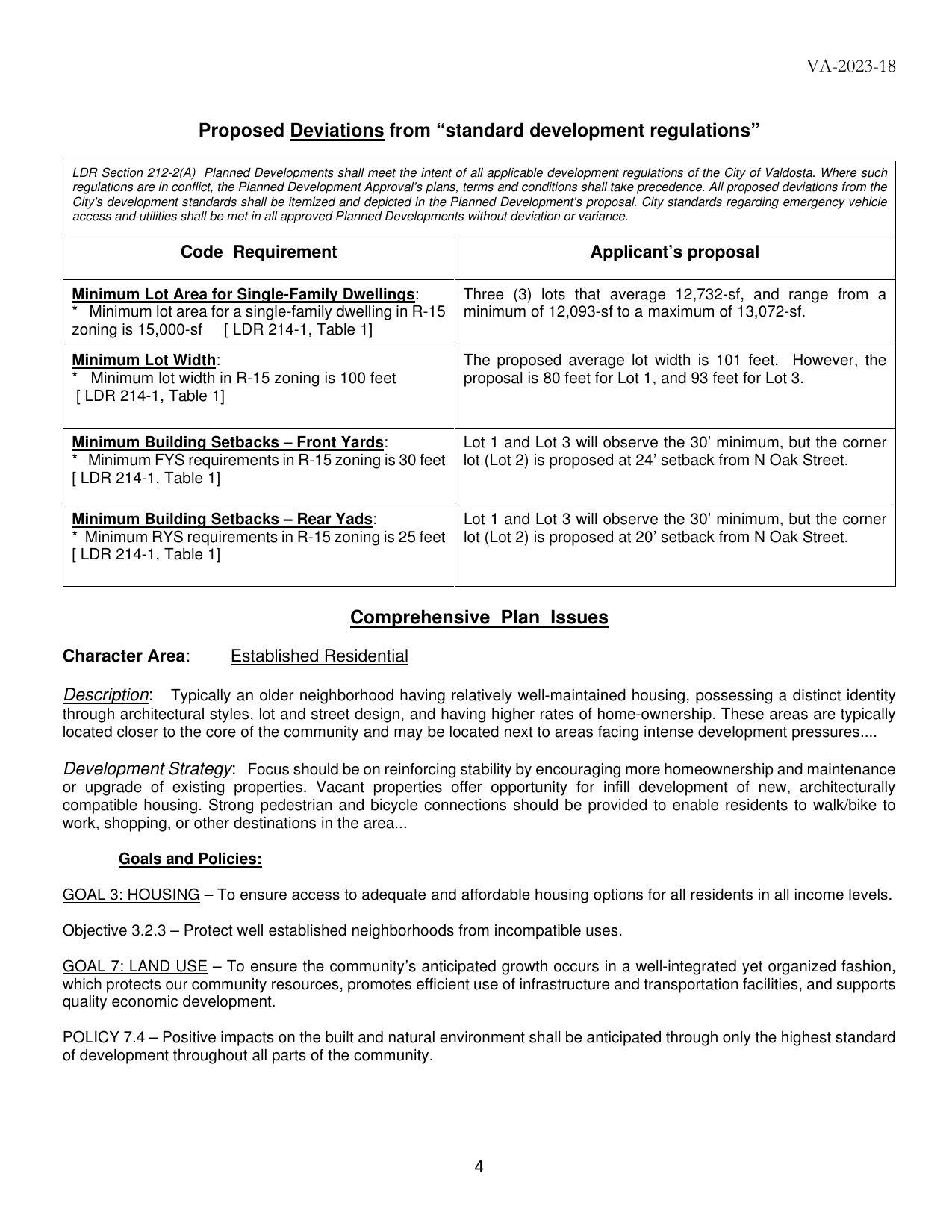 Proposed Deviations from “standard development regulations”