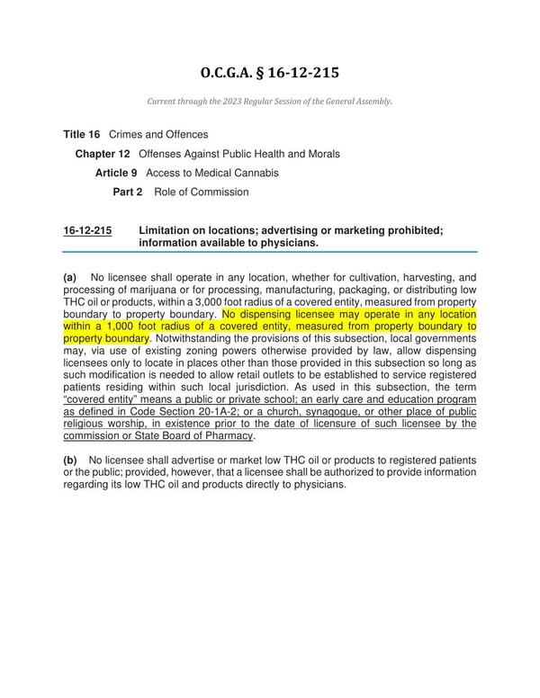 No dispensing licensee may operate in any location within a 1,000 foot radius of a covered entity, measured from property boundary to property boundary.