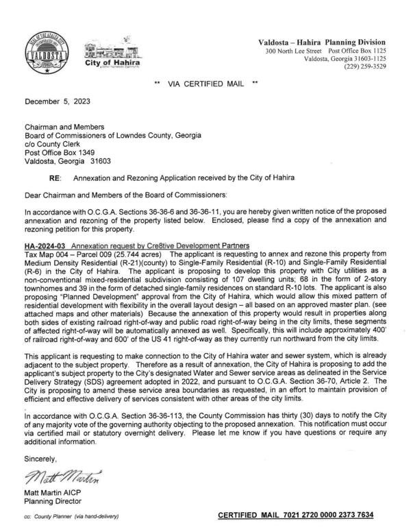 RE: Annexation and Rezoning Application received by the City of Hahira
