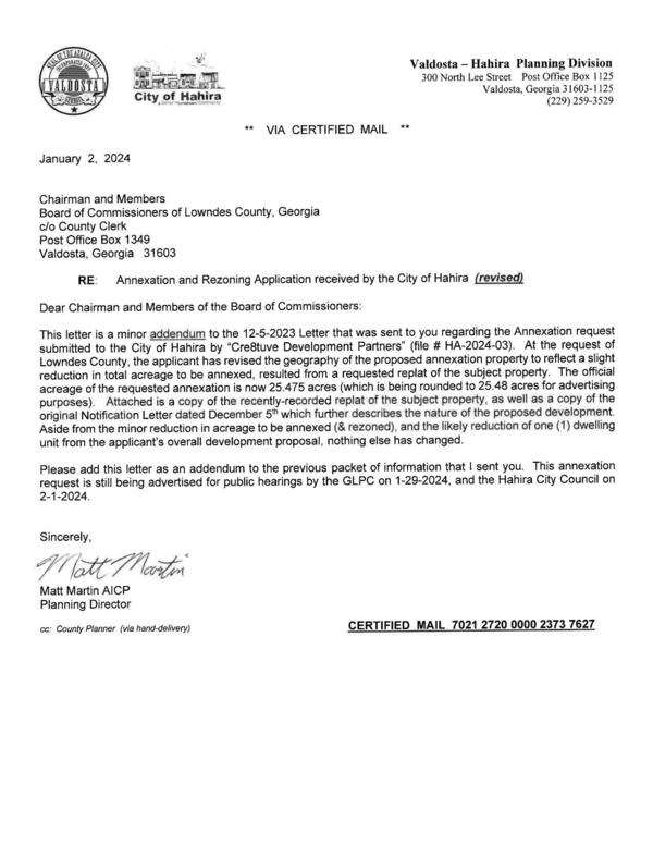 RE: Annexation and Rezoning Application received by the City of Hahira (revised)