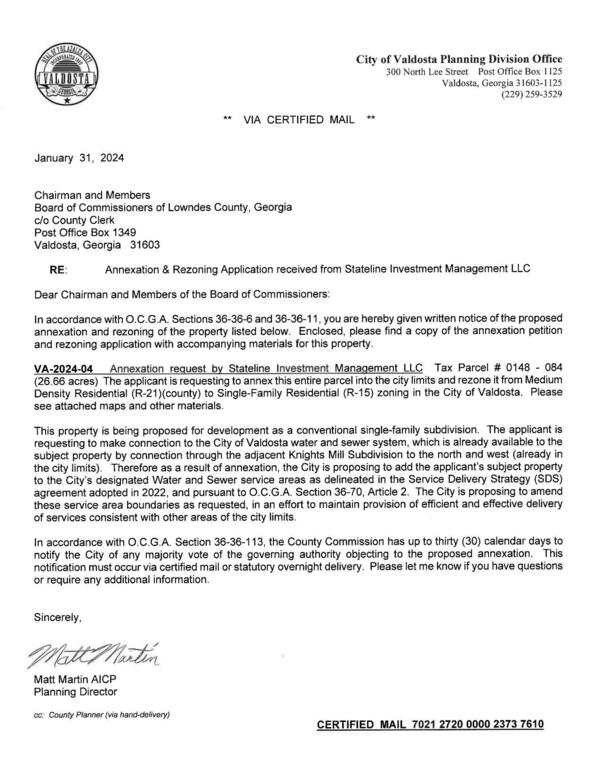 Written notice of proposed annexation and rezoning from Valdosta Planning Director to Lowndes County Board of Commissioners