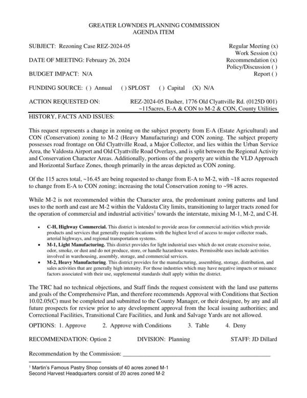 [Of the 115 acres total, ~16.45 are being requested to change from E-A to M-2, with ~18 acres requested to change from E-A to CON zoning; increasing the total Conservation zoning to ~98 acres.]