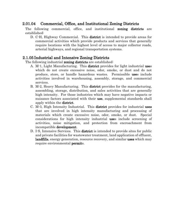 2.01.04 Commercial, Office, and Institutional Zoning Districts; 2.1.05 Industrial and Intensive Zoning Districts