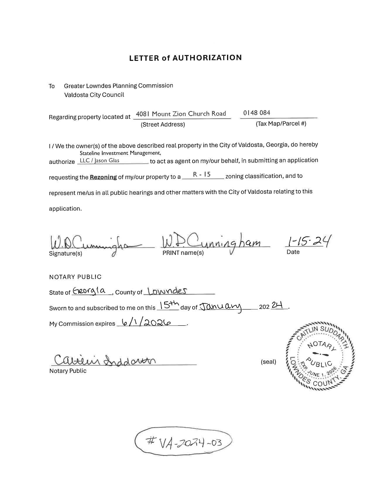 W.D. Cunningham LETTER of AUTHORIZATION