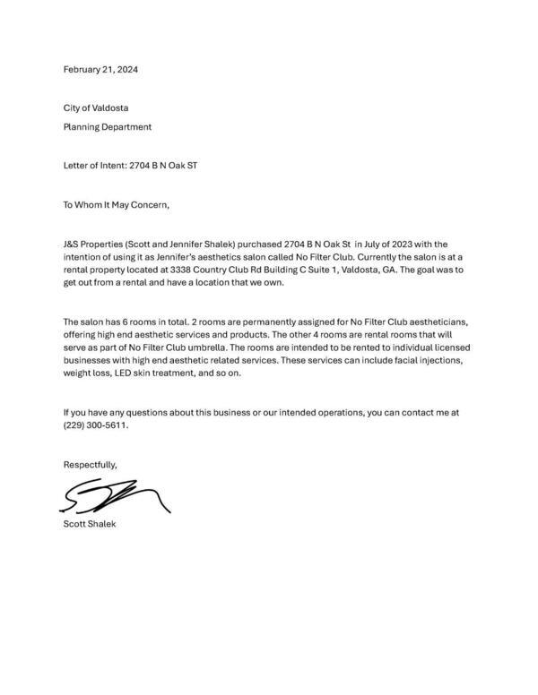 Letter of Intent from Scott Shalek