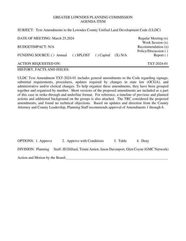 [signage, submittal requirements, procedures, updates required by changes in state law (OCGA), and administrative and/or clerical changes.]