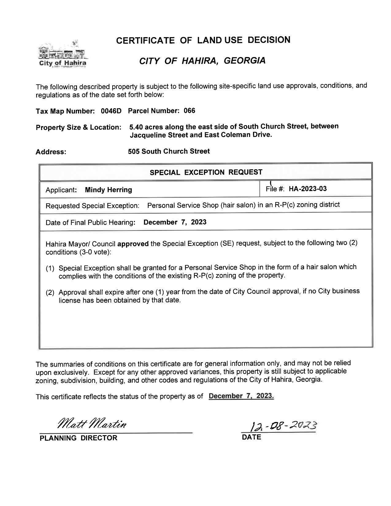 CERTIFICATE OF LAND USE DECISION