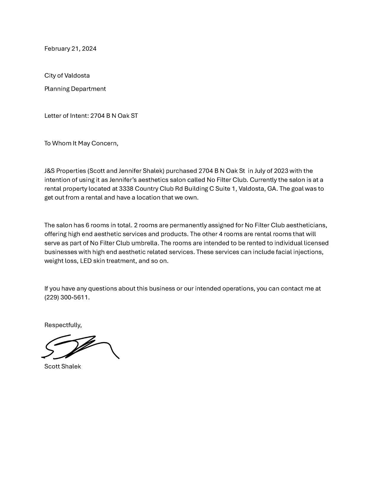 Letter of Intent from Scott Shalek