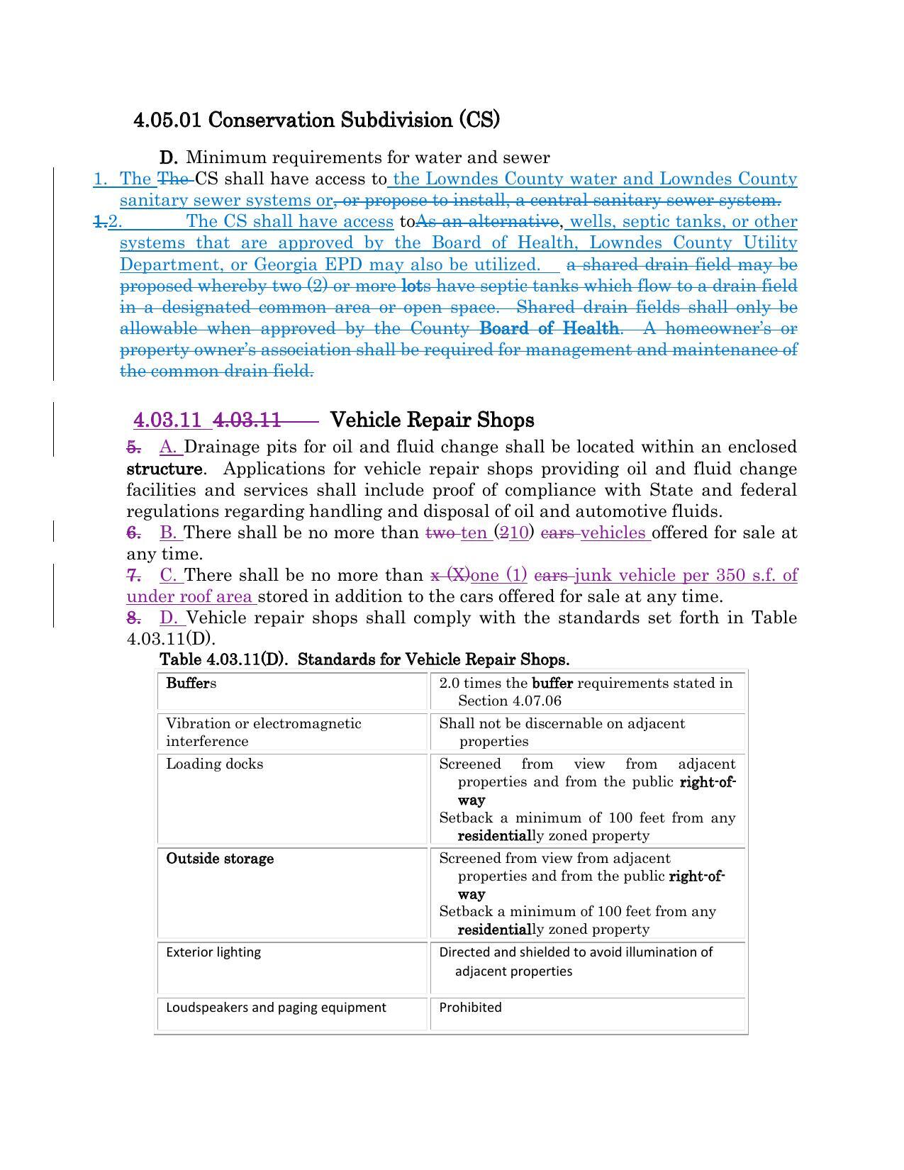 4.05.01 Conservation Subdivision (CS); 4.03.11 Vehicle Repair Shops