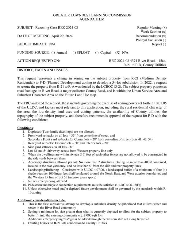 [to develop a 54-lot subdivision. In 2022, a request to rezone the property from R-21 to R-A was denied by the LCBOC (3-2).]
