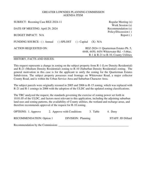 [to unify the zoning for the Quarterman Estates Subdivision. road frontage on Whitewater Road]