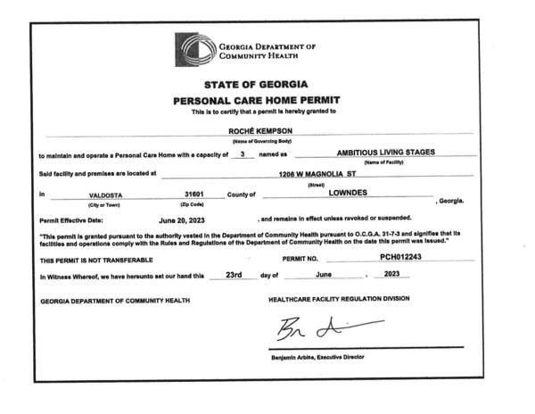 State of Georgia Personal Care Home Permit