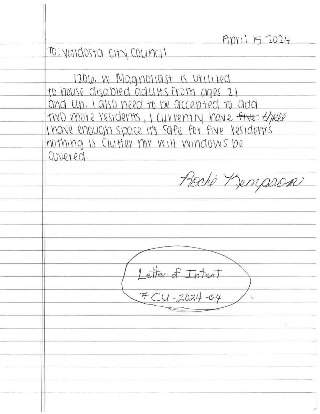 Letter of Intent from Roche Kempson