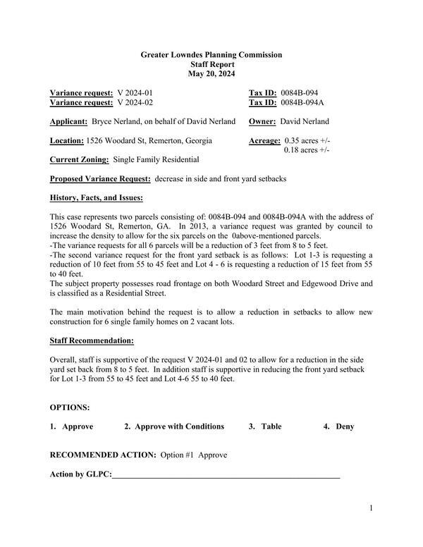 [Staff Report, Proposed Variance Request: decrease in side and front yard setbacks]