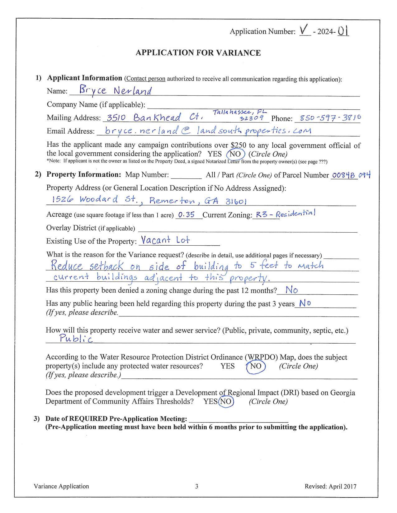 Application for Variance by Bryce Nerland
