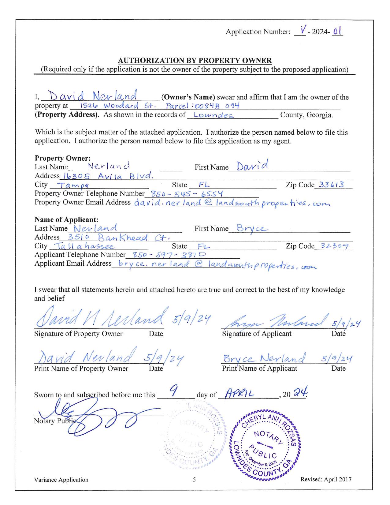 Authorization by Property Owner David Nerland