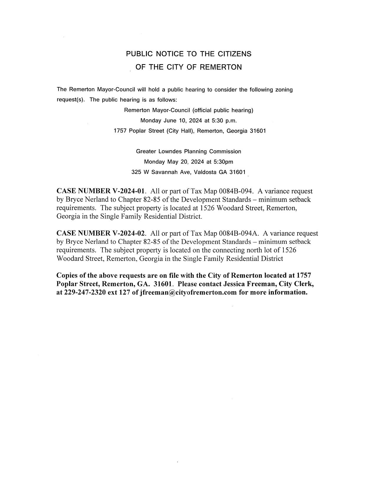 Public Notice to the Citizens of the City of Remerton
