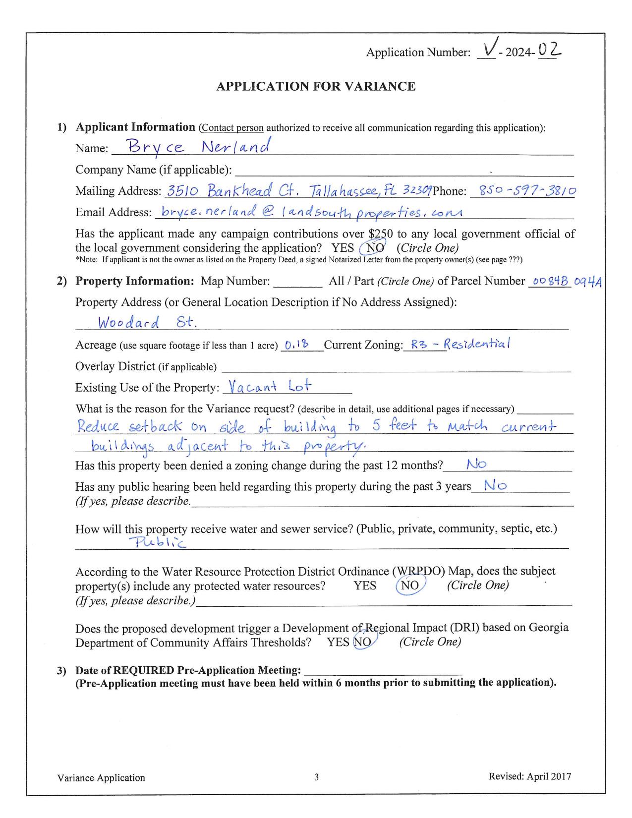 Application for Variance (the other lot)