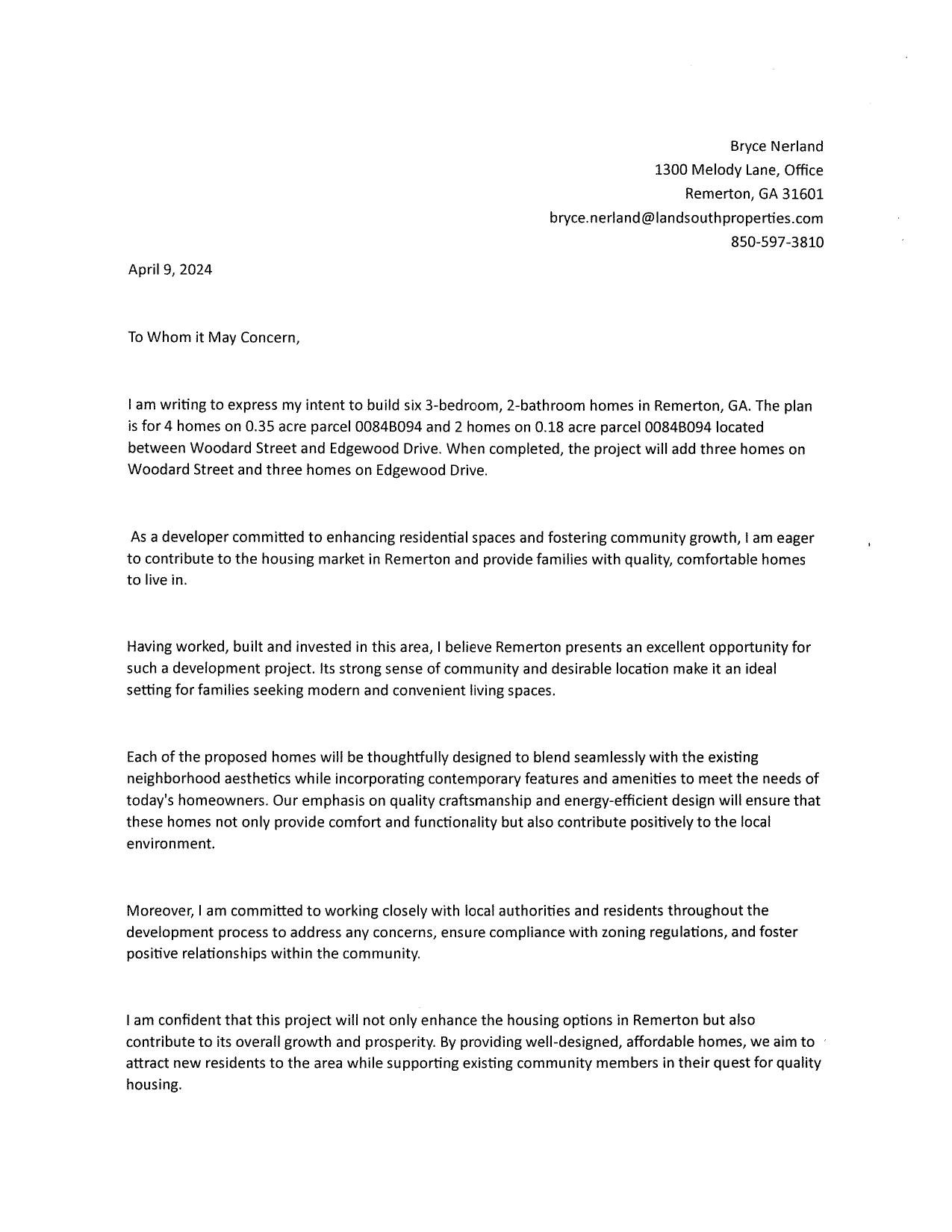 Letter of Intent by Bryce Nerland