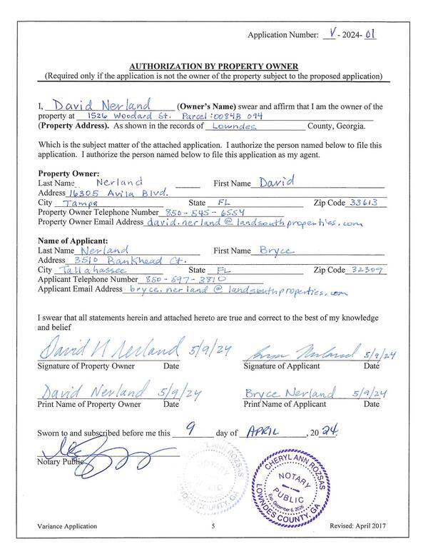Authorization by Property Owner David Nerland