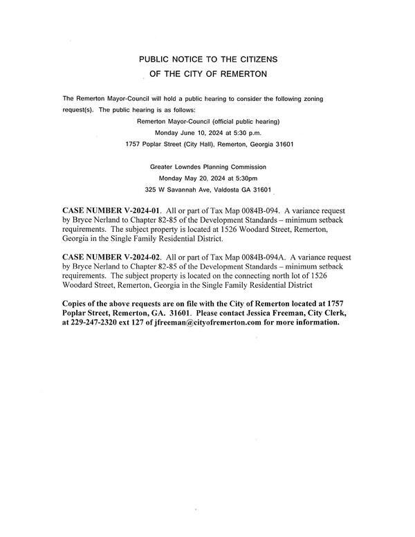 Public Notice to the Citizens of the City of Remerton