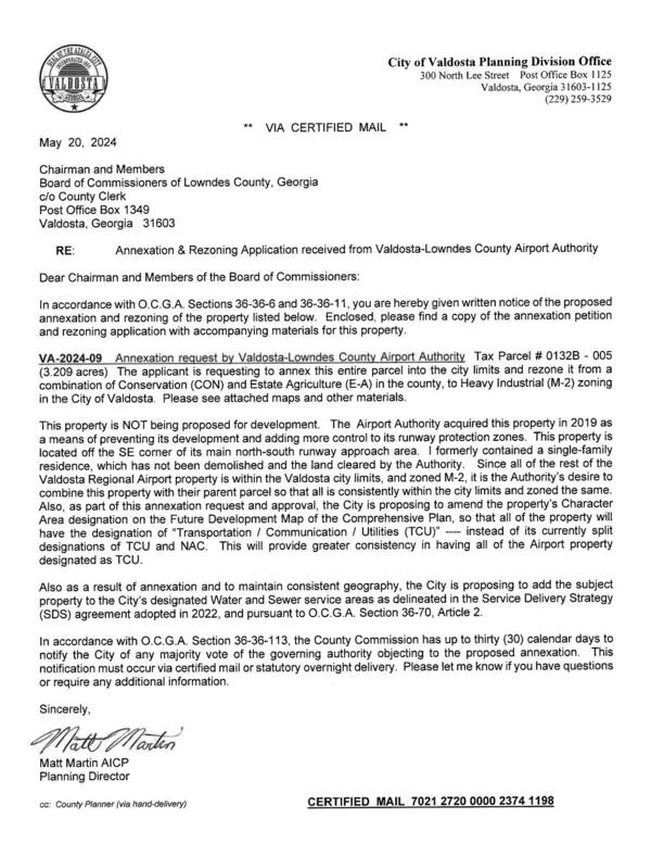 written notice of the proposed annexation