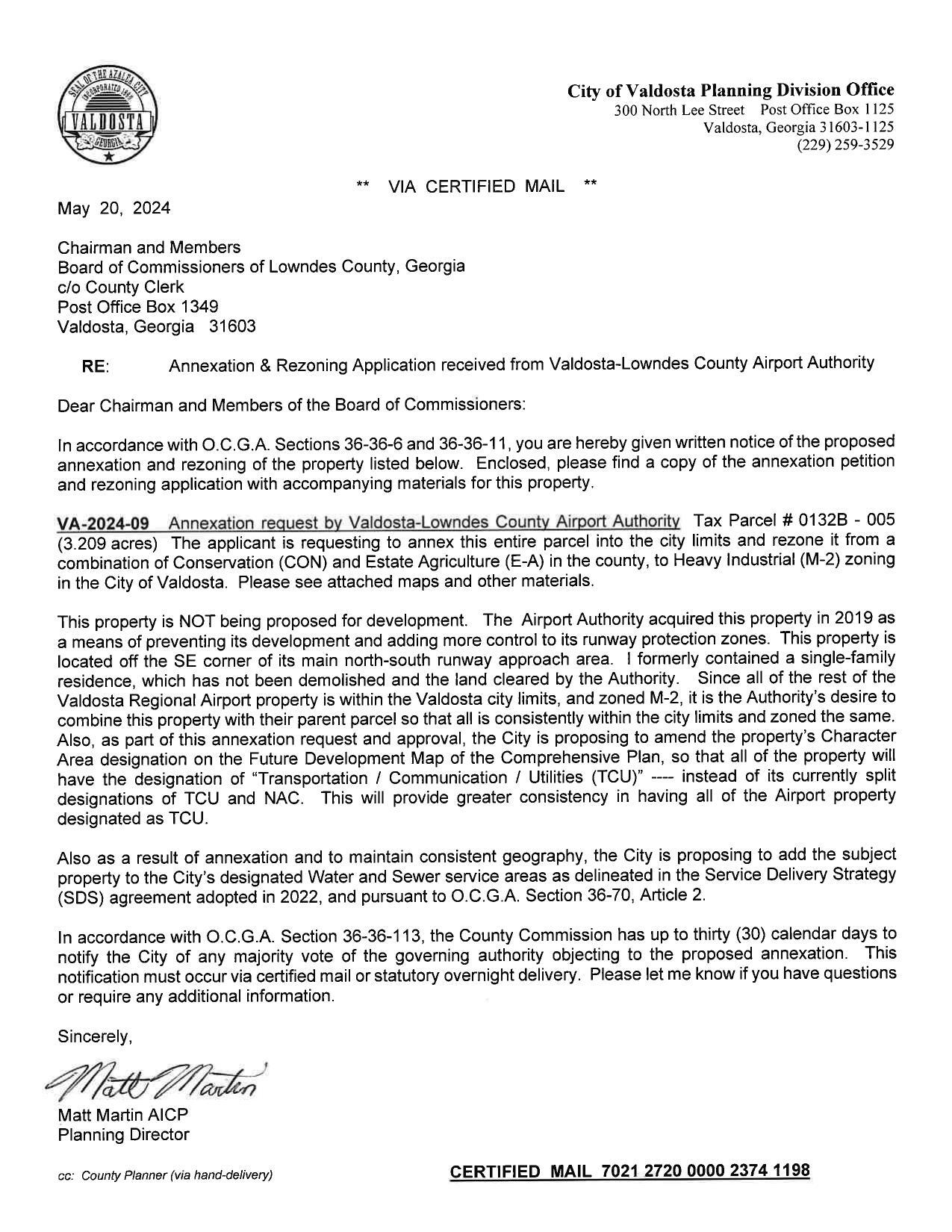 written notice of the proposed annexation