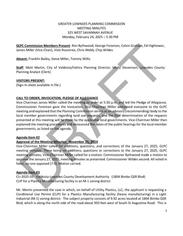 [3. CU-2025-03 Valdosta-Lowndes County Development Authority (1804 Bimbo QSR Blvd), CUP for a Plastics Manufacturing facility in an M-1 zoning district]