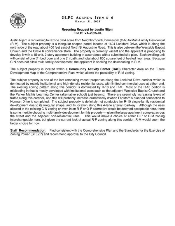 [to develop it with a 15-unit, 2-story apartment building in accordance with a submitted site plan.]