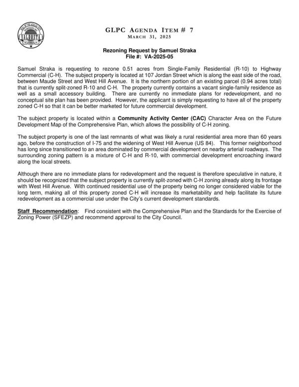 [to have all of the property zoned C-H so that it can be better marketed for future commercial development.]