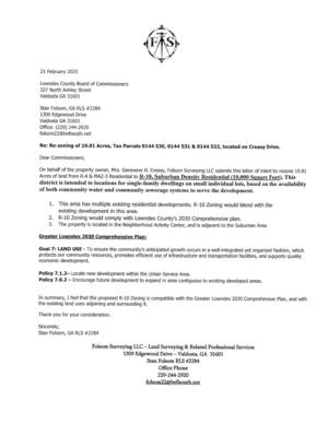 [On behalf of the property owner, Mrs. Geneveve H. Creasy, Folsom Surveying LLC submits this letter of intent to rezone 19.81 Acres....]